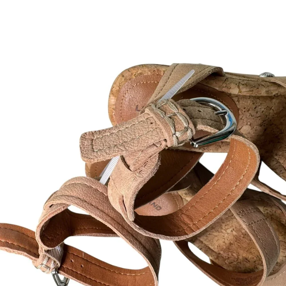 Lucky Brand Tan Leather Cork Wedge Sandals NWT Size 9 Platform Ankle Strap